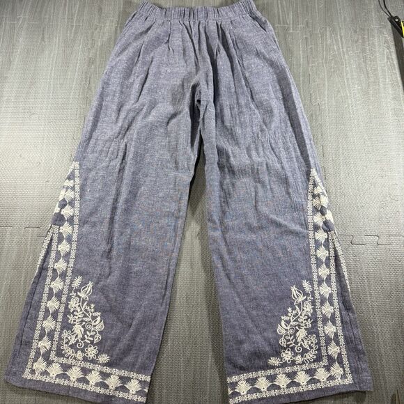 THML Linen Cotton Denim Wide Leg Pant With Embroidered Lace Design Medium - Picture 1 of 9